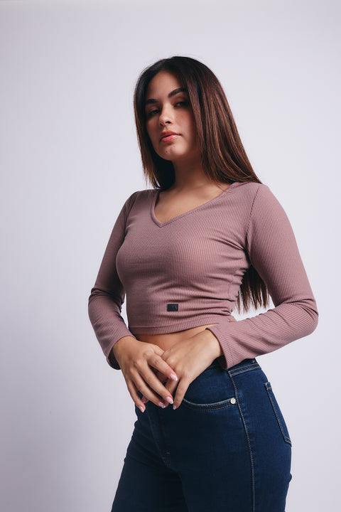 Slim V Long Sleeve Waffer Top - Vino