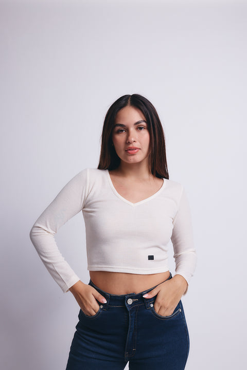 Slim V Long Sleeve Waffer Top - Blanco