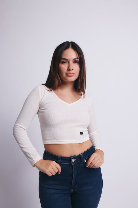 Slim V Long Sleeve Waffer Top - Blanco