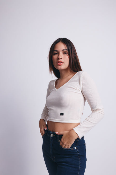 Slim V Long Sleeve Waffer Top - Blanco