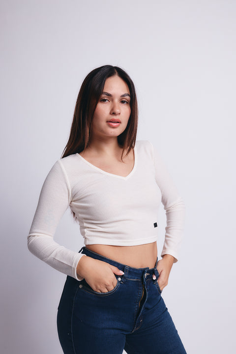 Slim V Long Sleeve Waffer Top - Blanco