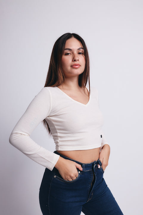 Slim V Long Sleeve Waffer Top - Blanco