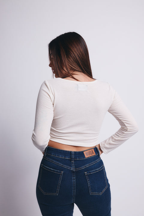 Slim V Long Sleeve Waffer Top - Blanco