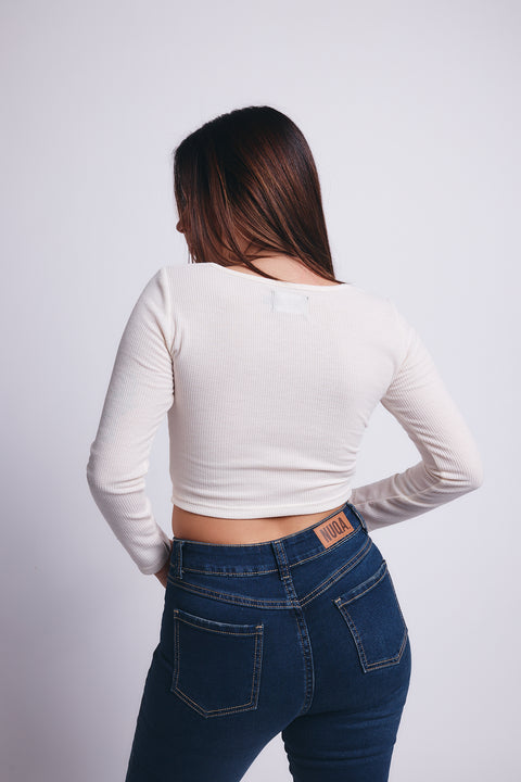 Slim V Long Sleeve Waffer Top - Blanco