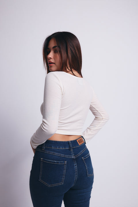 Slim V Long Sleeve Waffer Top - Blanco