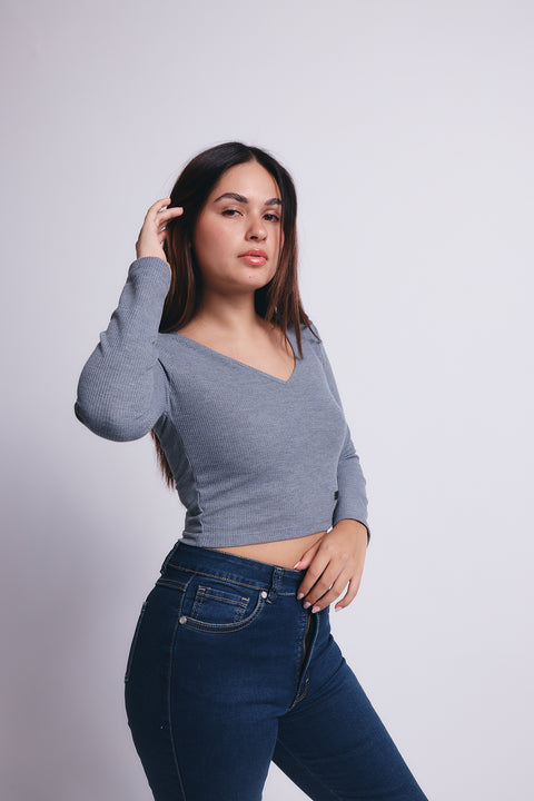 Slim V Long Sleeve Waffer Top - Gris