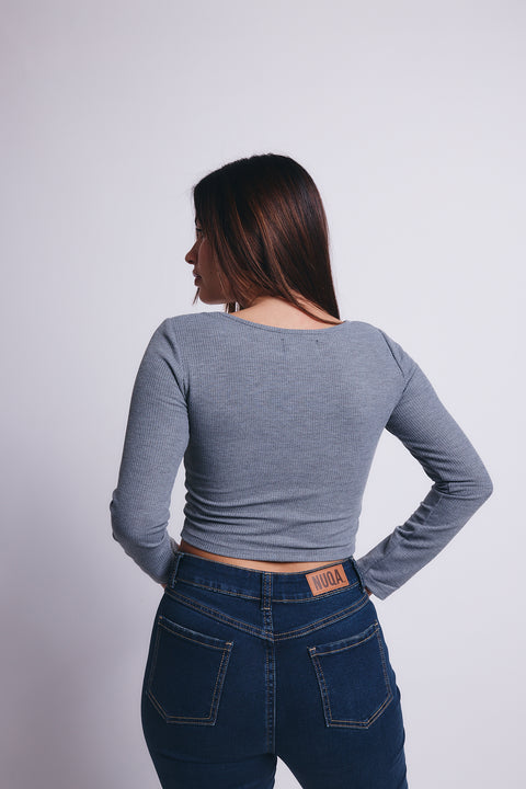 Slim V Long Sleeve Waffer Top - Gris