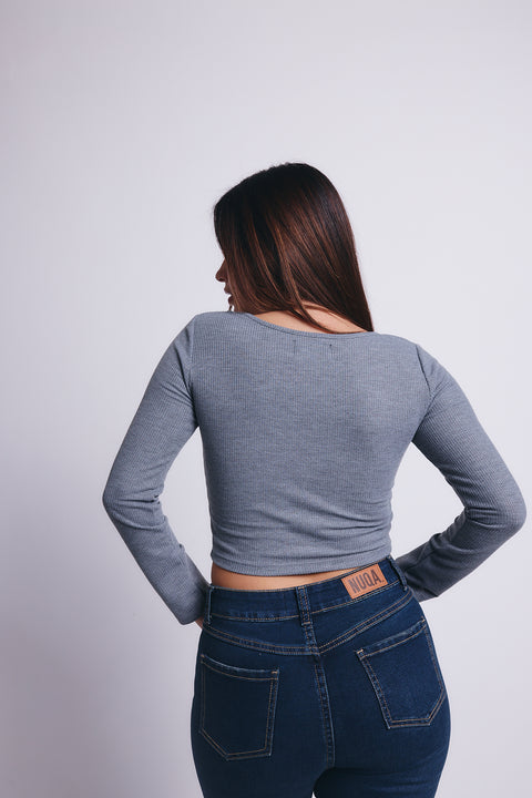 Slim V Long Sleeve Waffer Top - Gris