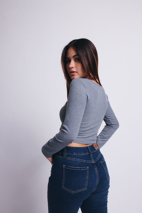 Slim V Long Sleeve Waffer Top - Gris