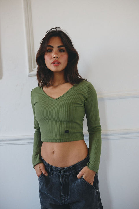 Slim V Long Sleeve Waffer Top - Verde