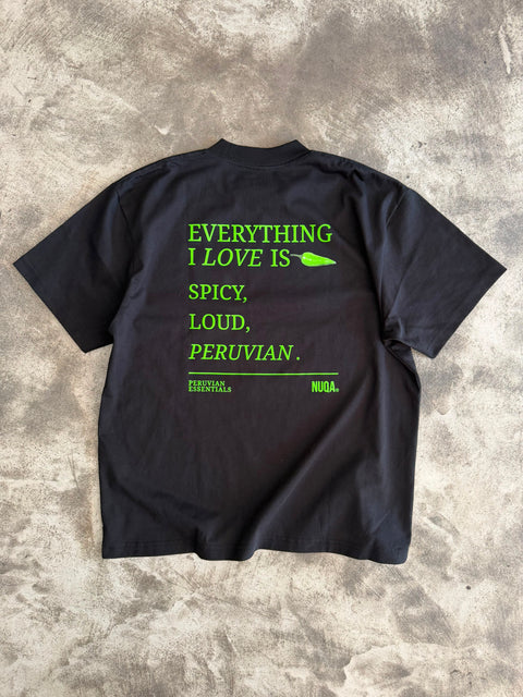 Peruvian Essentials - Quote Tee - Spicy, Loud, Peruvian - Negro