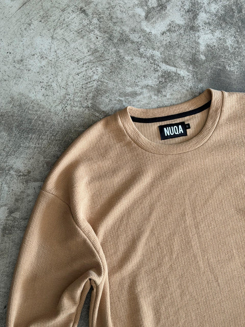 Long Sleeve Cropped Textured Sweater - Camel