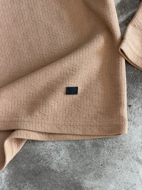 Long Sleeve Cropped Textured Sweater - Camel
