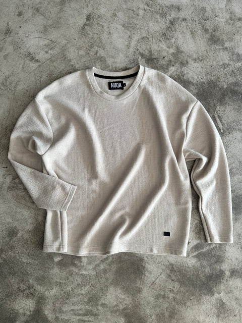 Long Sleeve Cropped Textured Sweater - Beige