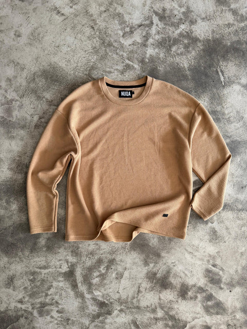 Long Sleeve Cropped Textured Sweater - Camel