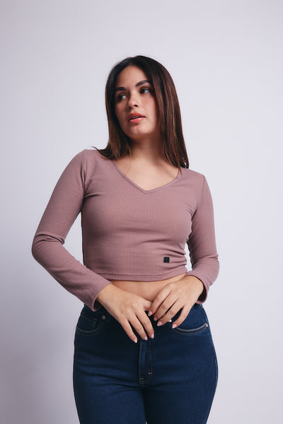 Slim V Long Sleeve Waffer Top - Vino