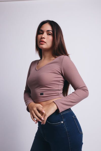 Slim V Long Sleeve Waffer Top - Vino