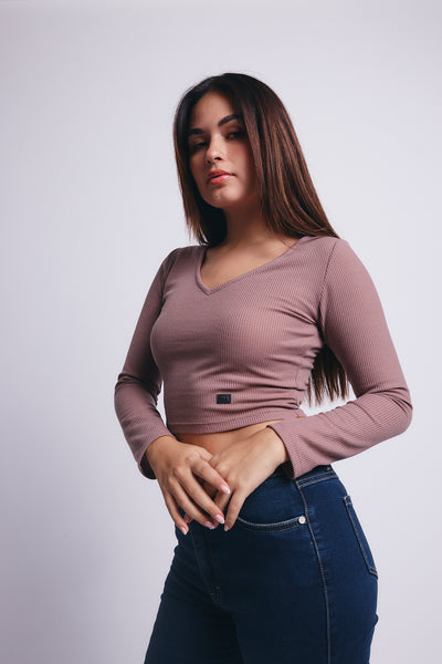 Slim V Long Sleeve Waffer Top - Vino