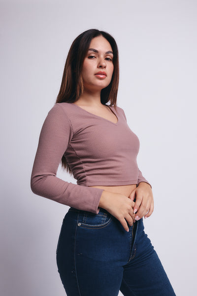 Slim V Long Sleeve Waffer Top - Vino