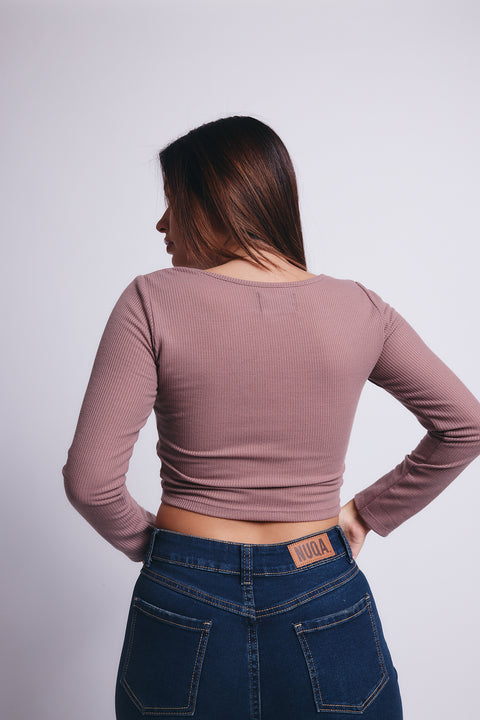 Slim V Long Sleeve Waffer Top - Wine