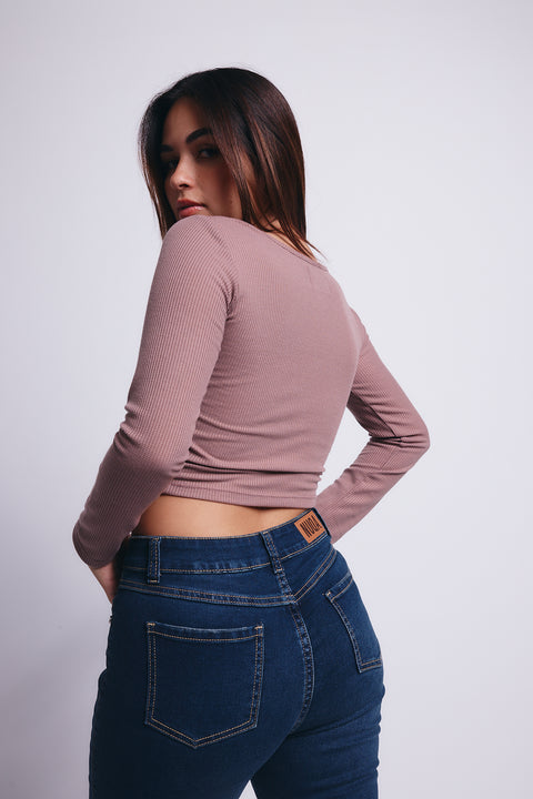 Slim V Long Sleeve Waffer Top - Wine