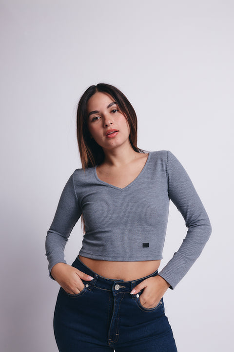 Slim V Long Sleeve Waffer Top - Gray
