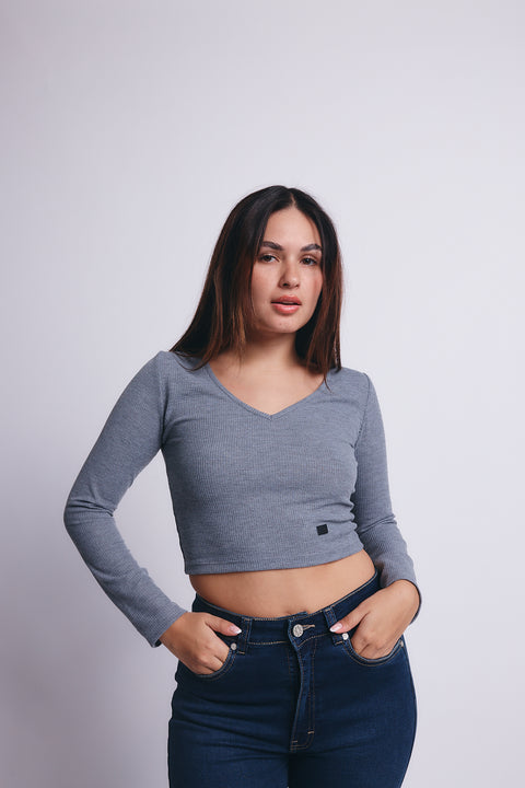 Slim V Long Sleeve Waffer Top - Gray
