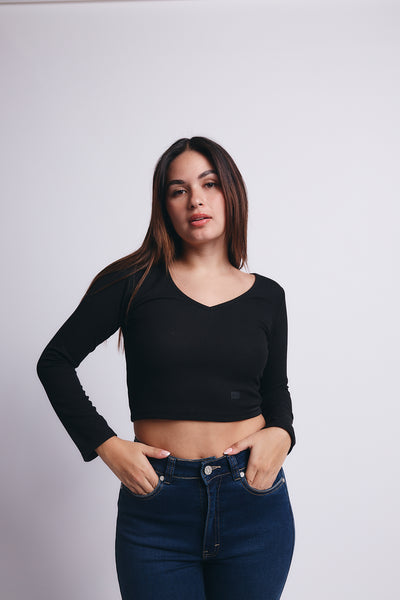 Slim V Long Sleeve Waffer Top - Negro