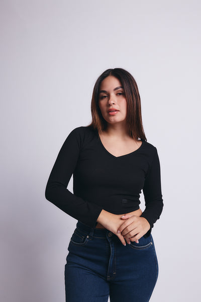 Slim V Long Sleeve Waffer Top - Negro