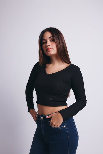 Slim V Long Sleeve Waffer Top - Negro