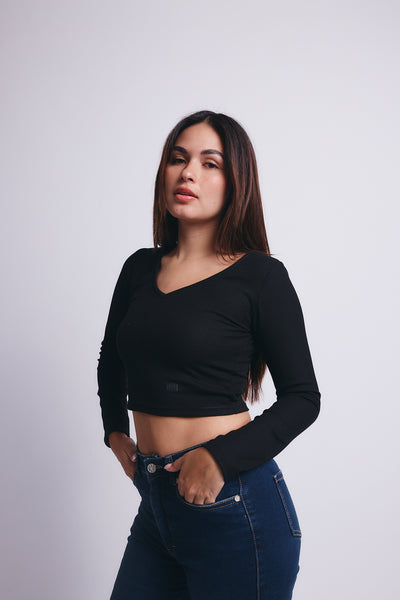 Slim V Long Sleeve Waffer Top - Negro