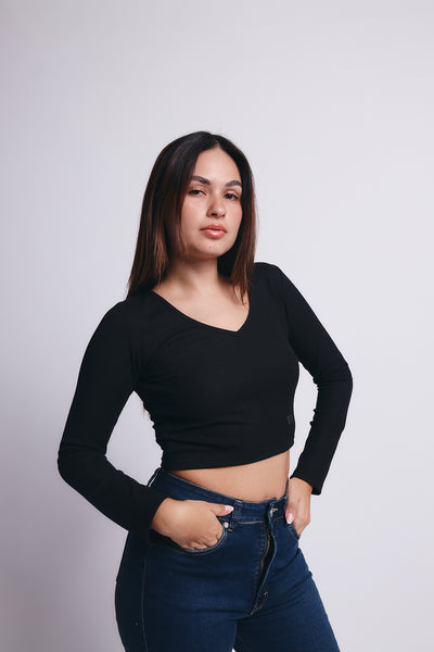 Slim V Long Sleeve Waffer Top - Negro