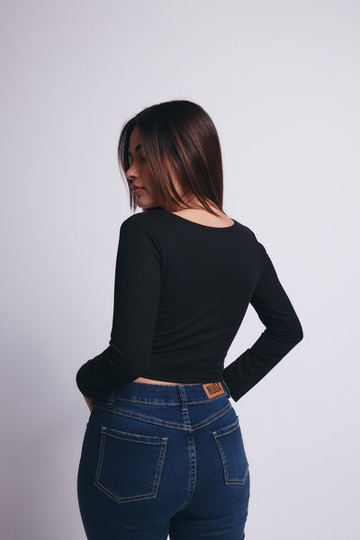 Slim V Long Sleeve Waffer Top - Negro
