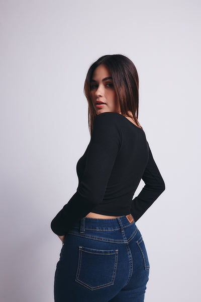 Slim V Long Sleeve Waffer Top - Negro