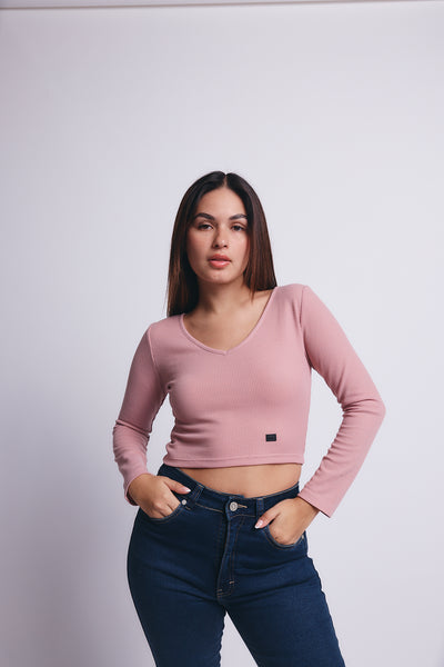Slim V Long Sleeve Waffer Top - Palo Rosa