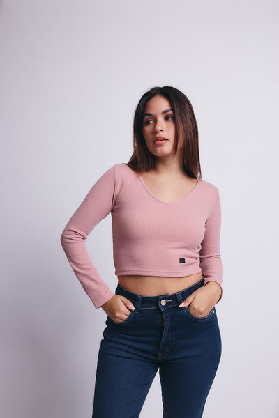 Slim V Long Sleeve Waffer Top - Palo Rosa