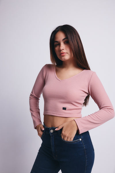 Slim V Long Sleeve Waffer Top - Palo Rosa