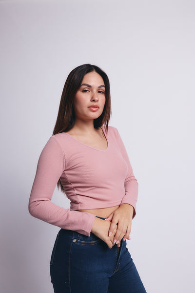 Slim V Long Sleeve Waffer Top - Palo Rosa